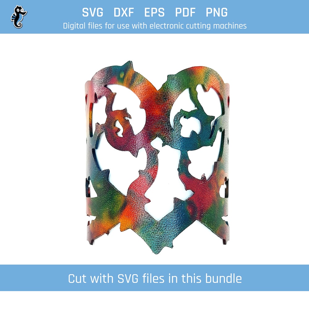 Thorns bracelet bundle demo 2 Example of thorny heart leather bracelet cut from SVG design file in this bundle.